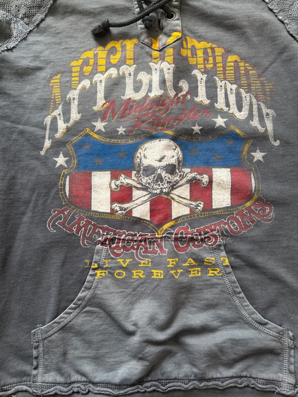 Affliction Women’s Gray Lace-Up Hoodie with Patriotic Skull Graphic - Picture 6 of 7